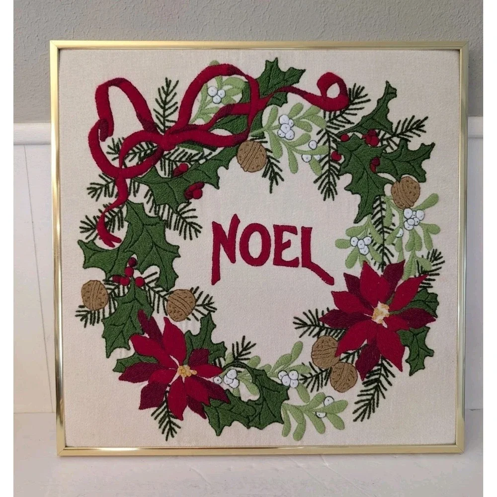 Vintage Christmas Wreath Noel Ribbon Crewel Gold Framed Artwork Holiday Decor